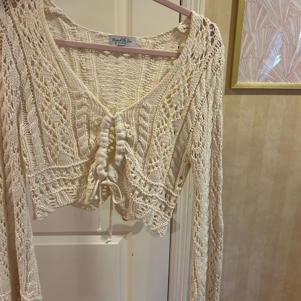 Cream Crochet Tie-Front Cardigan